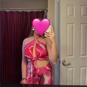 Pink Design Halter Top and Pants Set